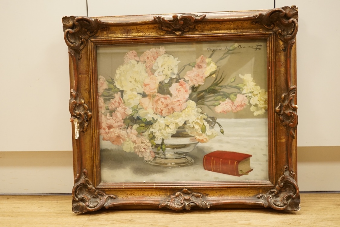 Hugues De Beaumont (French, 1874-1947), Still life of flowers and a book, signed, oil on canvas, 37 x 45cm, ornate frame